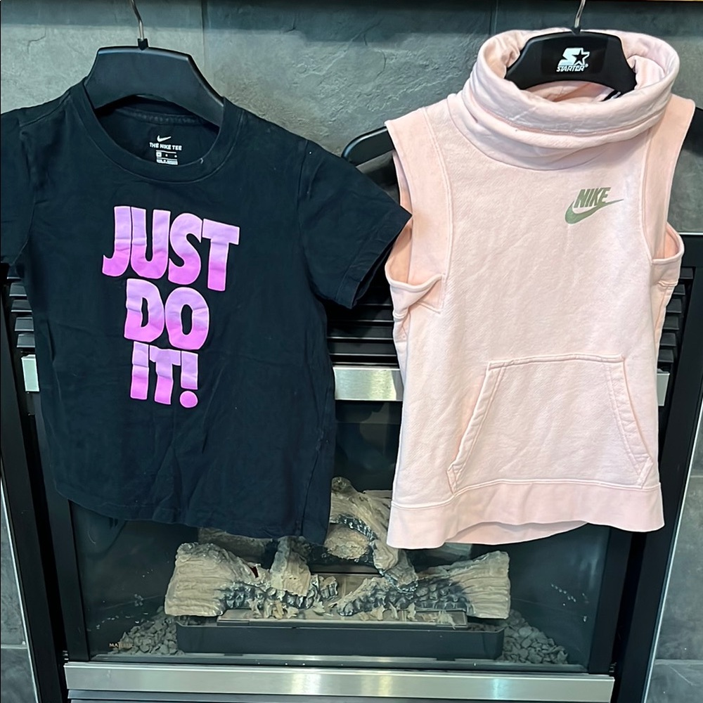 Nike Kids Black and Pink T-Shirt and Pink Sleeveless Hoodie Set Size Medium